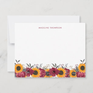 Floral Waterverf Rustic Sunflower Burgundy Notitiekaartje