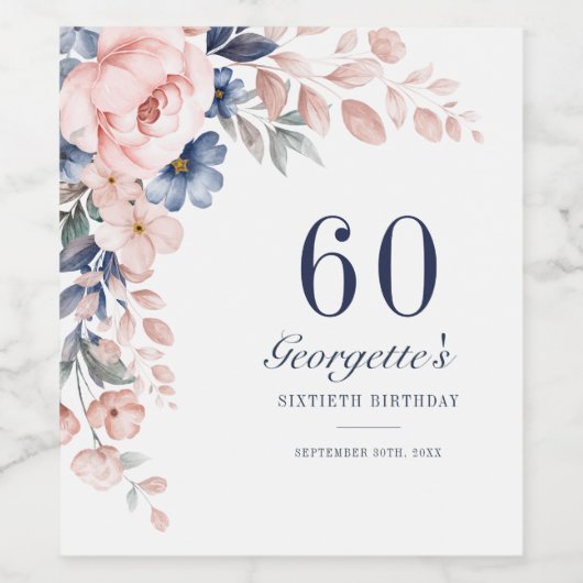 Floral Waterverf Script 60ste verjaardag Wijn Etiket (Enkel label)
