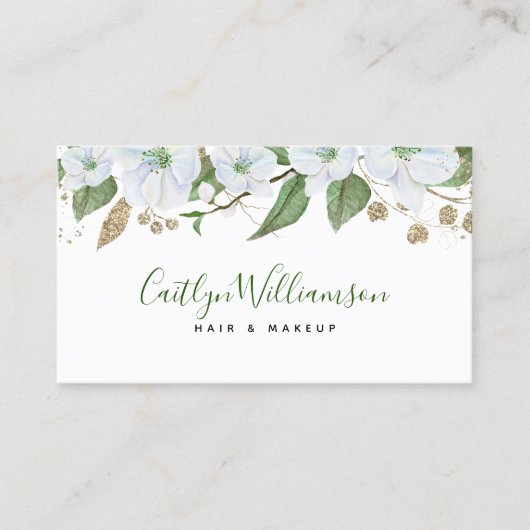 Floral Waterverf Stijlvol Script Goud Wit Modern Visitekaartje (Voorkant)