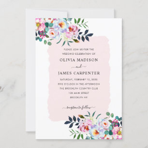 Floral Waterverf Stusty Pink Navy Blue Wedding Kaart