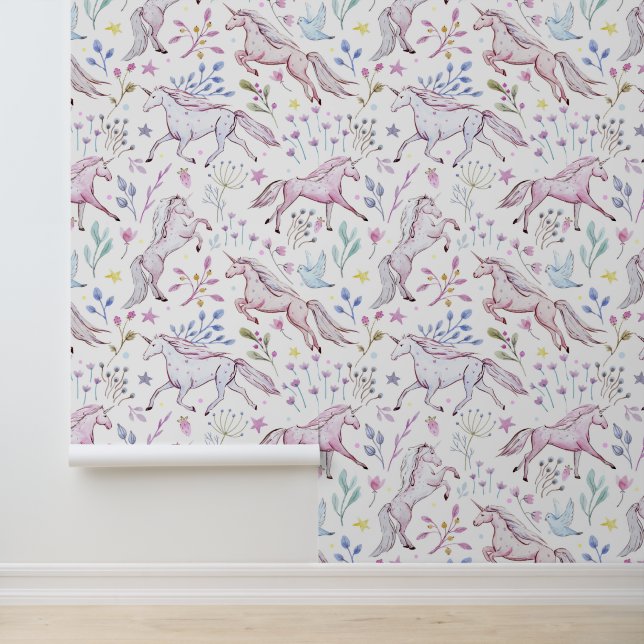 Floral Waterverf Unicorn Pattern Behang (Applicatie)