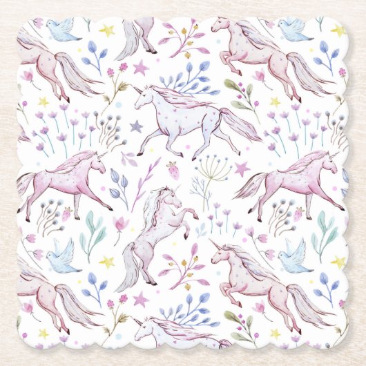 Floral Waterverf Unicorn Pattern Kartonnen Onderzetters (Voorkant)