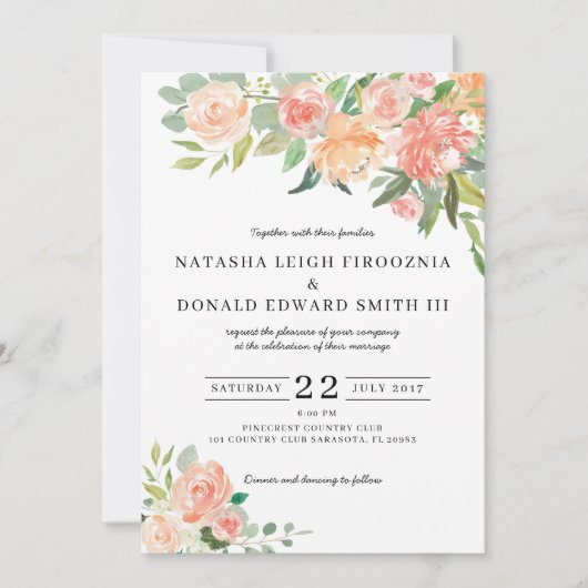 Floral Waterverf Wedding Invitation Kaart (Voorkant)
