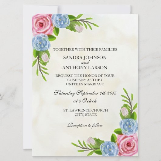 Floral Waterverf Wedding Invitation Kaart (Voorkant)