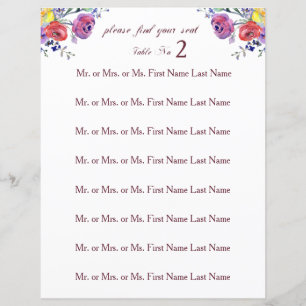 Floral Waterverf Wedding Table Zitplaats