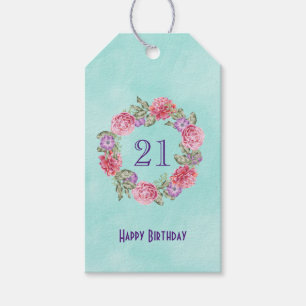 Floral Waterverf Wreate/ Happy Birthday and Age Cadeaulabel