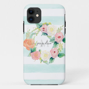Floral Waterverf Wreator Mint Pink Striped w Name iPhone 11 Hoesje