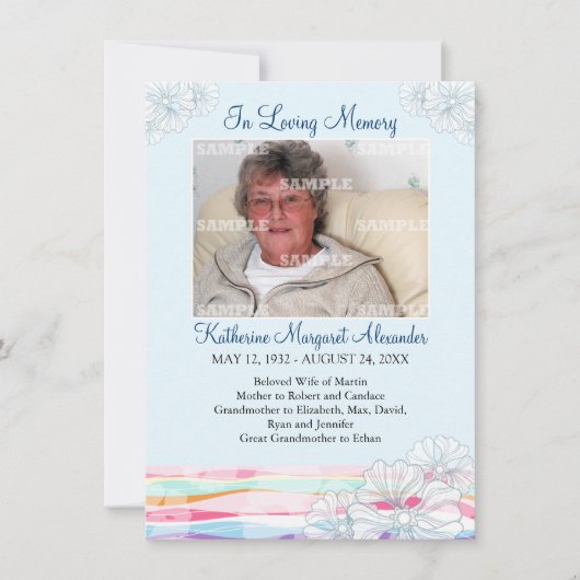 Floral Waves Blue Memorial Kaart (Voorkant)