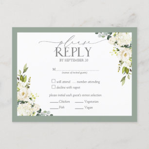Floral Weddenschap RSVP in White Grey Green Waterv Uitnodiging Briefkaart