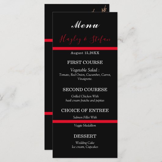 Floral Wedding Black and Red Modern Waterverf Menu (Voorkant / Achterkant)