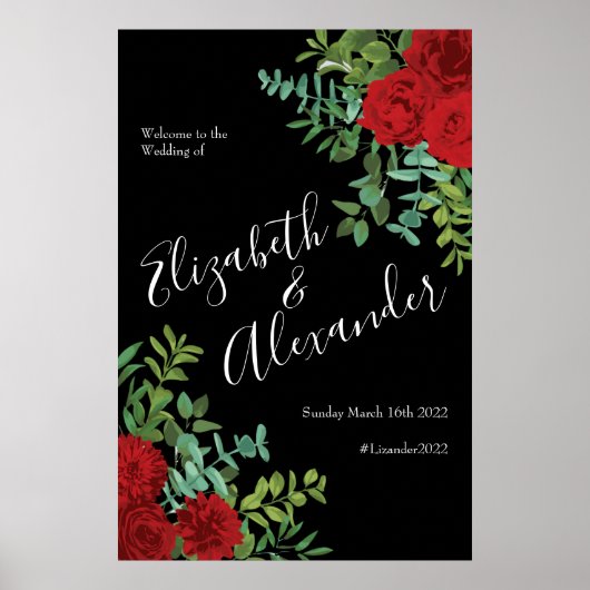 Floral Wedding Black and Red Peony Roos Poster (Voorkant)