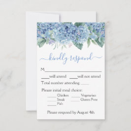 Floral Wedding Blue Hydrangeas Waterverf RSVP Kaartje