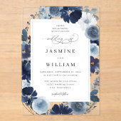Floral Wedding Blue & Navy Acryl Uitnodigingen (Voorkant)