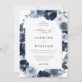 Floral Wedding Blue & Navy Kaart (Voorkant)