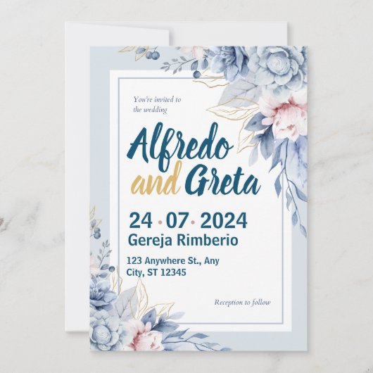 Floral Wedding Blue White Waterverf Kaart (Voorkant)