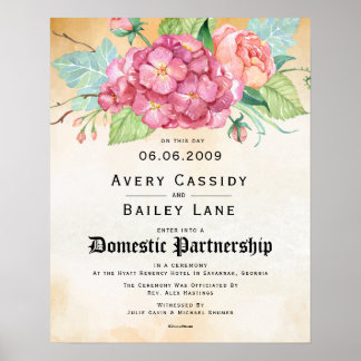 Floral Wedding Certificate "Domestic Partnership" Poster