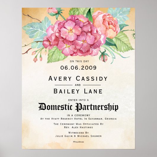 Floral Wedding Certificate "Domestic Partnership" Poster (Voorkant)