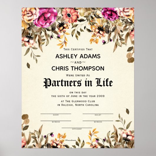 Floral Wedding Certificate "Partners for Life" Poster (Voorkant)