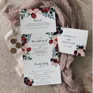 Floral Wedding door Bourgogne Pink marine Drieluik Uitnodiging