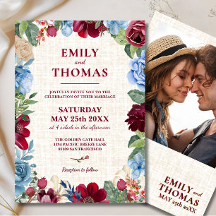 Floral Wedding, Elegante Bourgogne & Navy Romantis Kaart