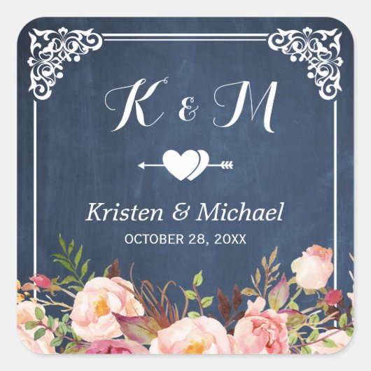 Floral Wedding Favor Navy Blue Chalkboard Vierkante Sticker (Voorkant)