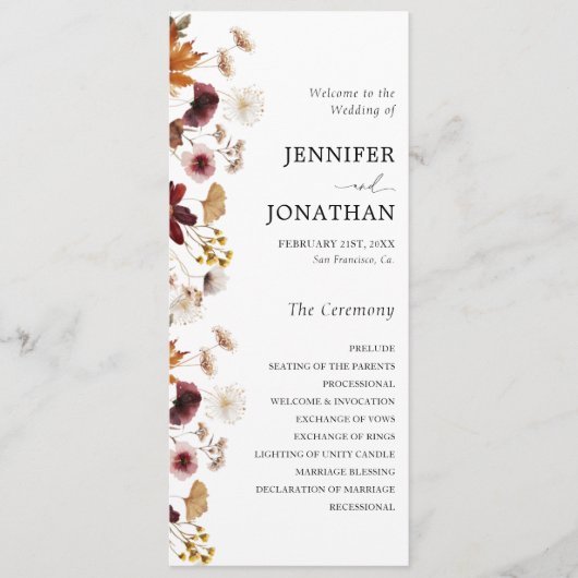 Floral Wedding Flat Programme van de Herfst Burgun Programma (Voorkant)