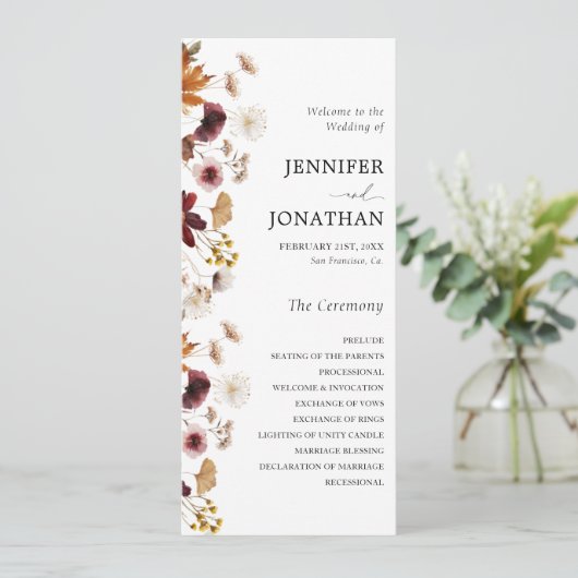 Floral Wedding Flat Programme van de Herfst Burgun Programma (Staand voorkant)