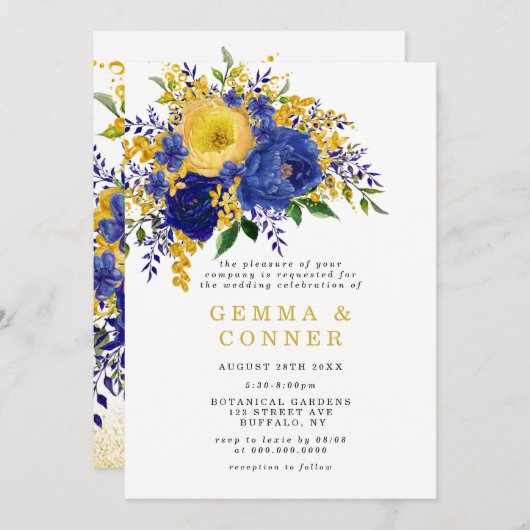 Floral Wedding Invitation Blue Yellow Waterverf (Voorkant / Achterkant)