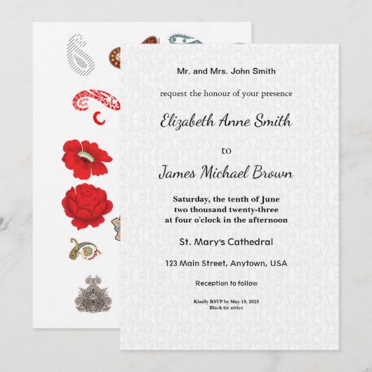 Floral Wedding Invitation Elegant Red Rose (Devant / Derrière)