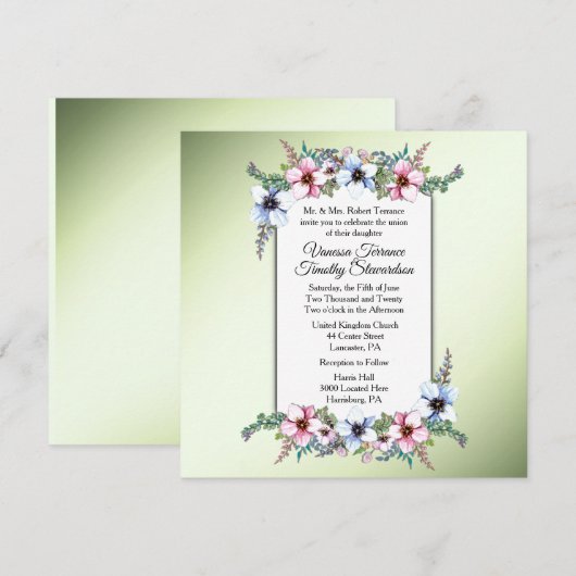 Floral Wedding Invitation Green Kaart (Voorkant / Achterkant)