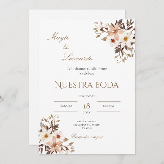  Floral wedding invitation in Spanish (Devant / Derrière)