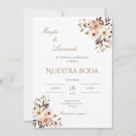 Floral wedding invitation in Spanish Kaart (Voorkant)