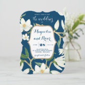 Floral Wedding Invitation Magnolia Navy Kaart (Staand voorkant)