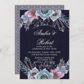 Floral Wedding Invitation Navy Dusty Blue Roos (Voorkant / Achterkant)