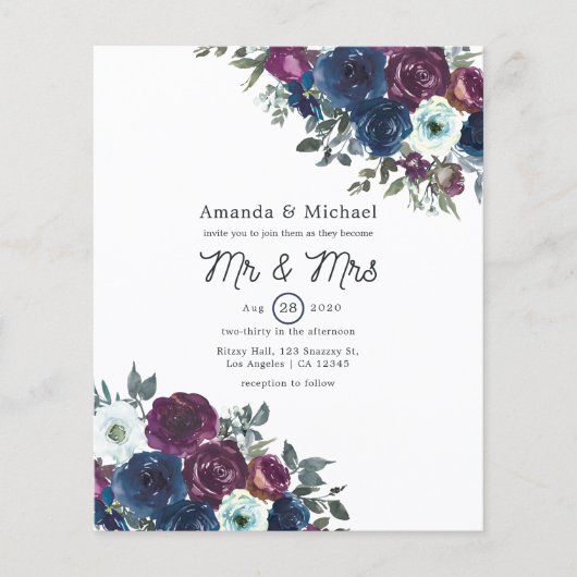 Floral Wedding Invitation Plum and Navy Flyer (Voorkant)