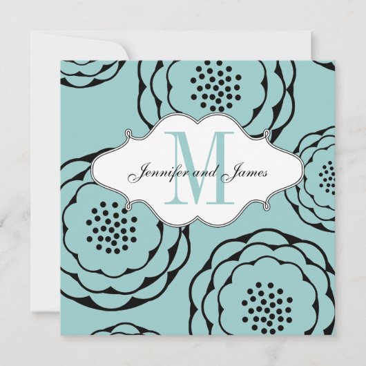 Floral Wedding Invitations Monogram Blue Kaart (Voorkant)