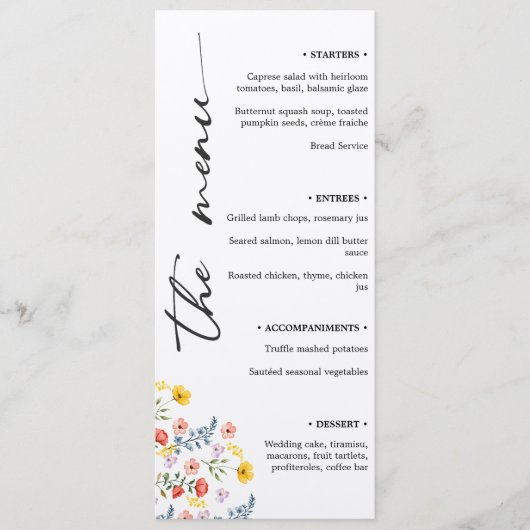 Floral Wedding Menu met minimalistisch verticaal s (Voorkant)