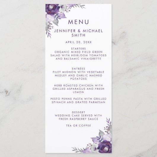 Floral Wedding Menu Paarse en Zilverige Waterverf (Voorkant)