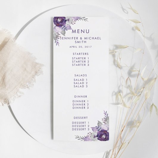 Floral Wedding Menu Paarse en Zilverige Waterverf