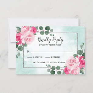 Floral Wedding met roze groene en zilveren Waterve RSVP Kaartje