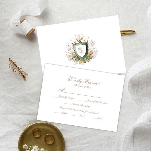 Floral Wedding Monogram Crest RSVP Card Kaartje