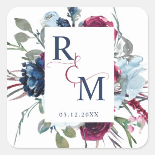 Floral Wedding Monogram Envelope Seal / Favor Vierkante Sticker