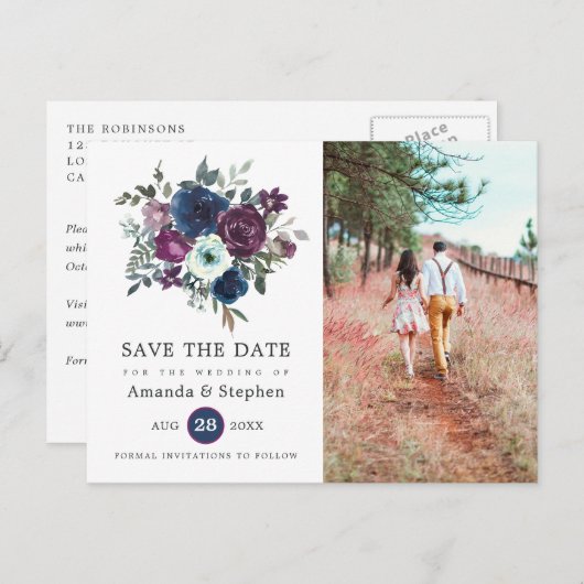 Floral Wedding Plum en Navy Briefkaart (Voorkant / Achterkant)