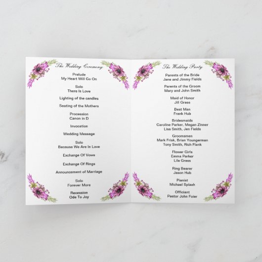 Floral Wedding Programme (roze en groene Waterverf Aankondiging (Binnen)