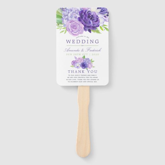 Floral Wedding Programme ultra Violet Waterverf Handwaaier (Voorkant)