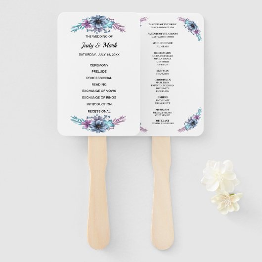 Floral Wedding Programme voor de blauwe en Paarse  Handwaaier (Voorkant en achterkant)