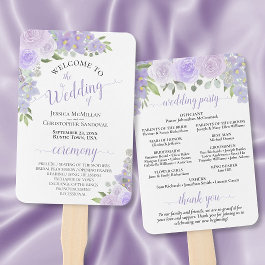 Floral Wedding Programme voor de Paarse Waterverf  Handwaaier