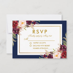 Floral Wedding RSVP Burgundy Gold Blue Waterverf