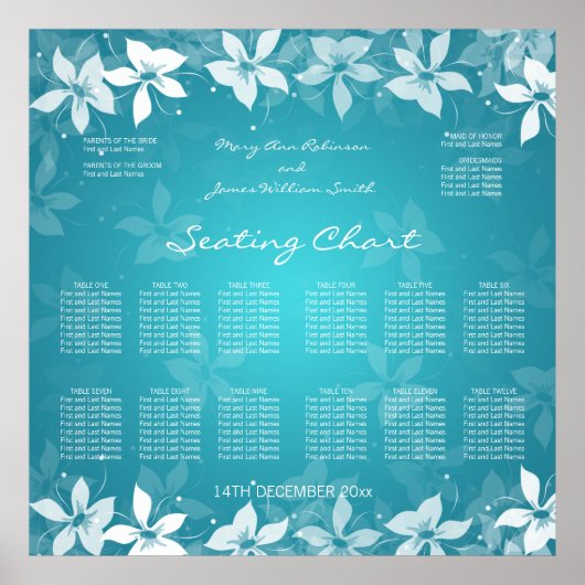 Floral Wedding Seating Chart Exotic Blooms Blue Poster (Voorkant)