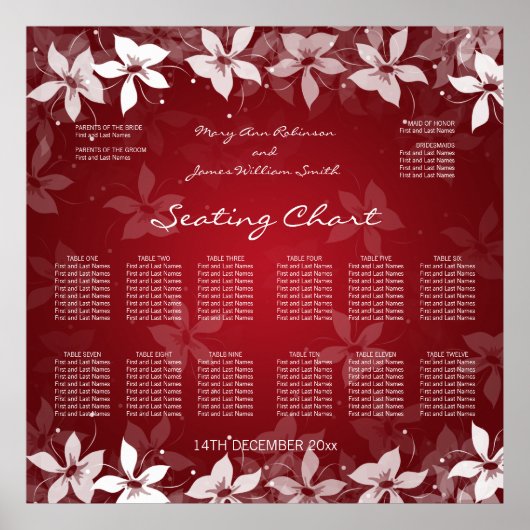 Floral Wedding Seating Chart Exotic Blooms Red Poster (Voorkant)
